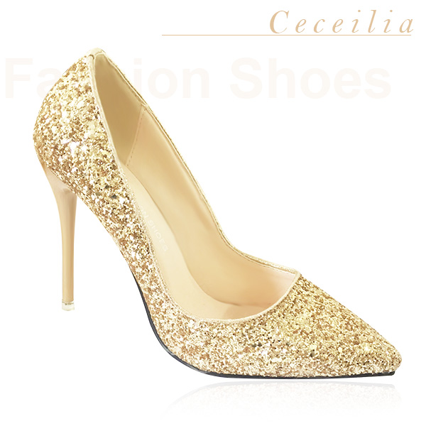 Giày cao gót mũi nhọn Ceceilia phủ kim tuyến (size 38) Vàng ánh kim