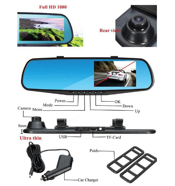 Gương chiếu hậu tích hợp camera hành trình xe hơi màn hình 4.3 inch Blackbox DVR Full HD